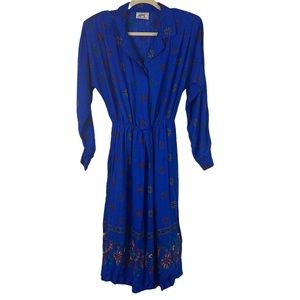 VINTAGE MALOUF LONG SLEEVE BLUE RETRO MIDI DRESS